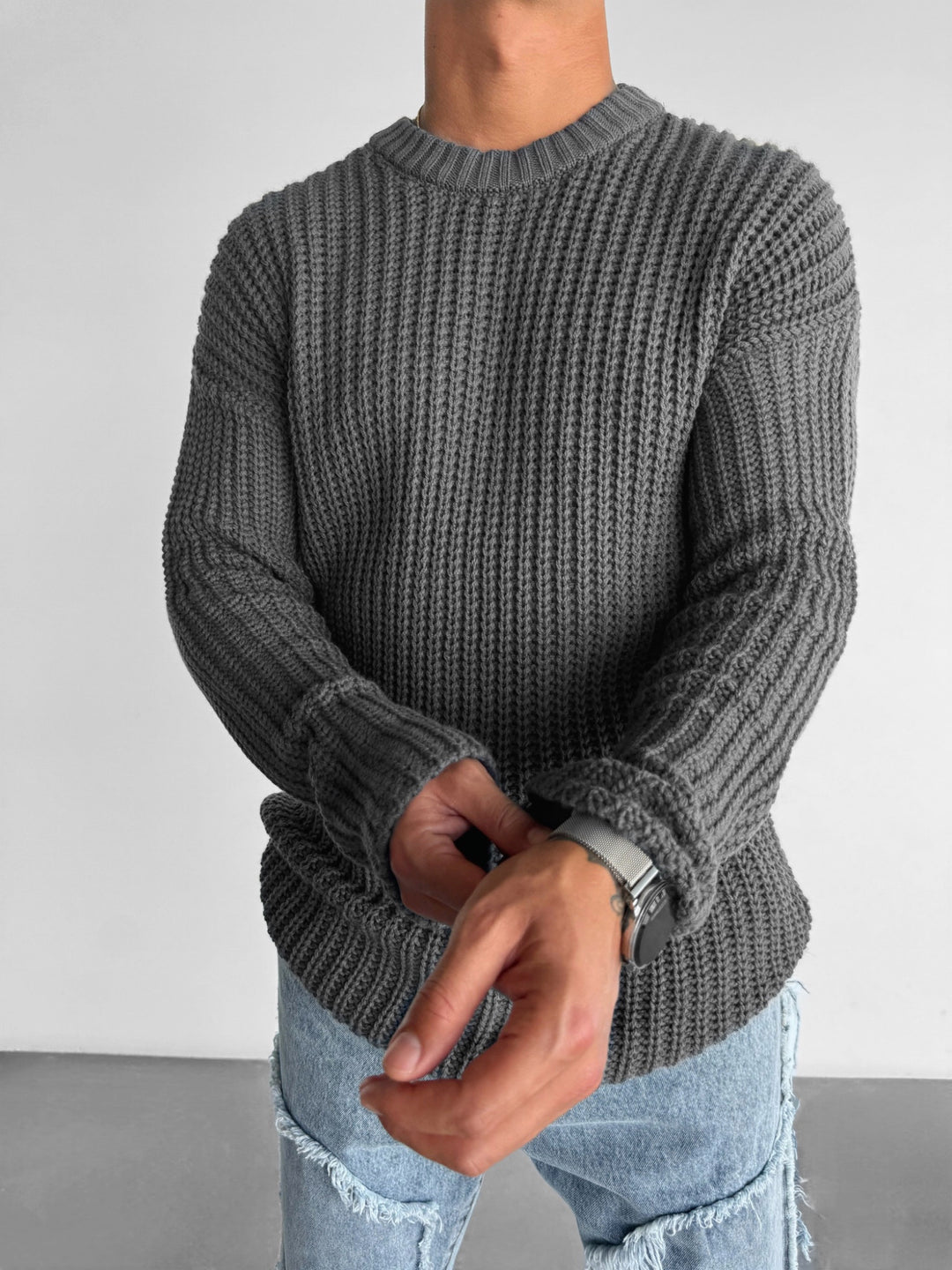 Oversize Round Neck Knit Sweater - Anthracite