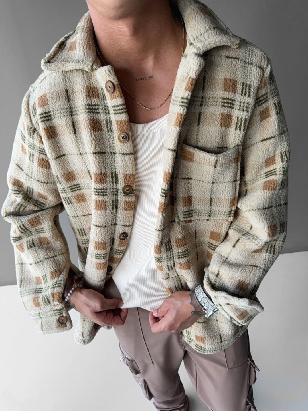 Oversize thick checked plush Shirt - Beige