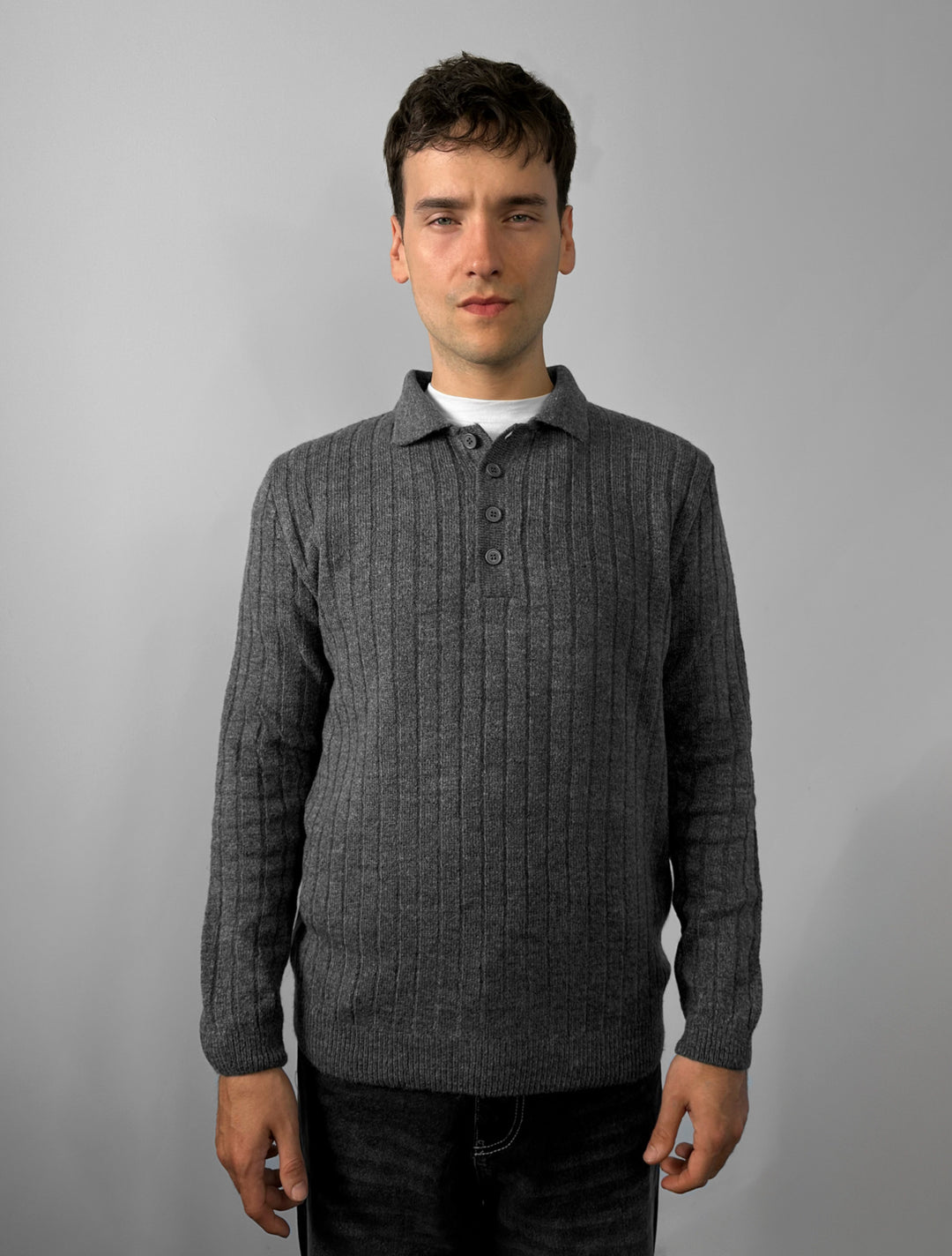 Loose Fit Polo Knit Pullover - Anthracite