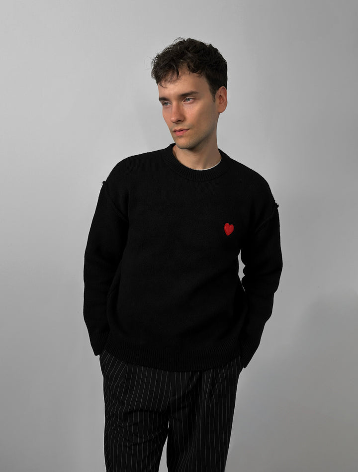 Loose Fit Heart Detail Sweater - Black