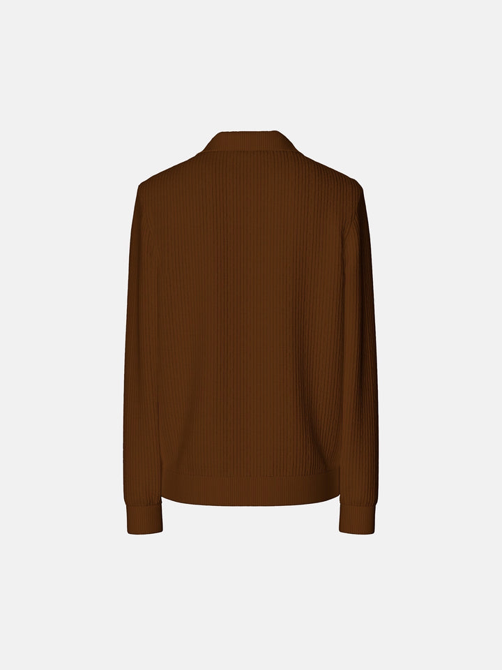 Oversize Collar Zipper Knit Sweater - Brown