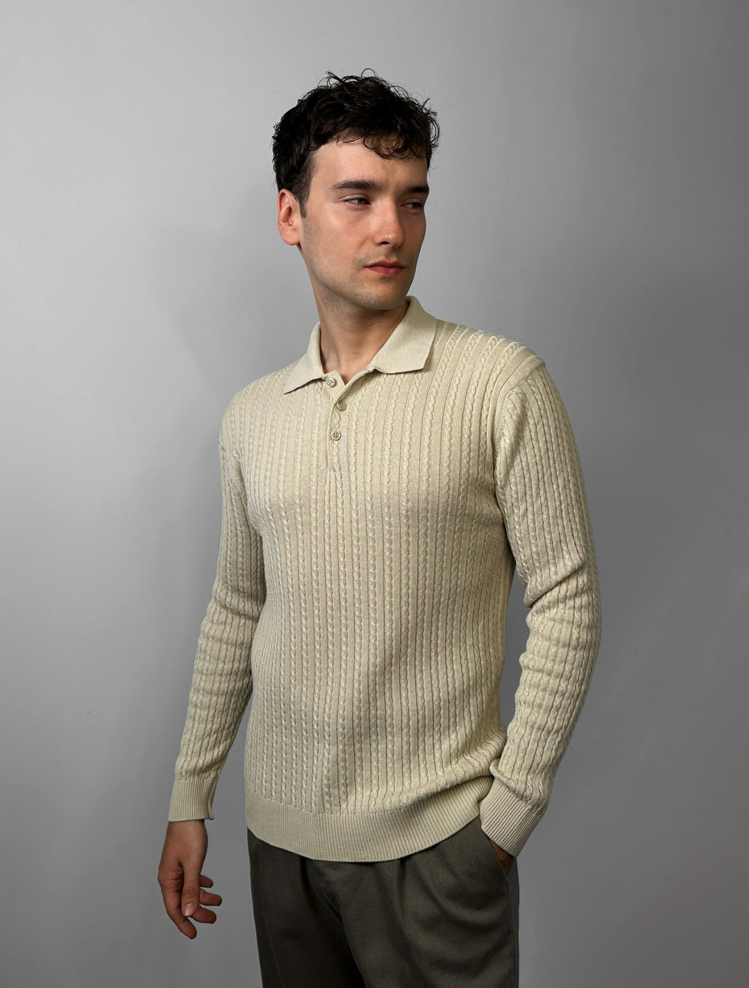 Slim Fit Textured Polo Knit Sweater - Beige