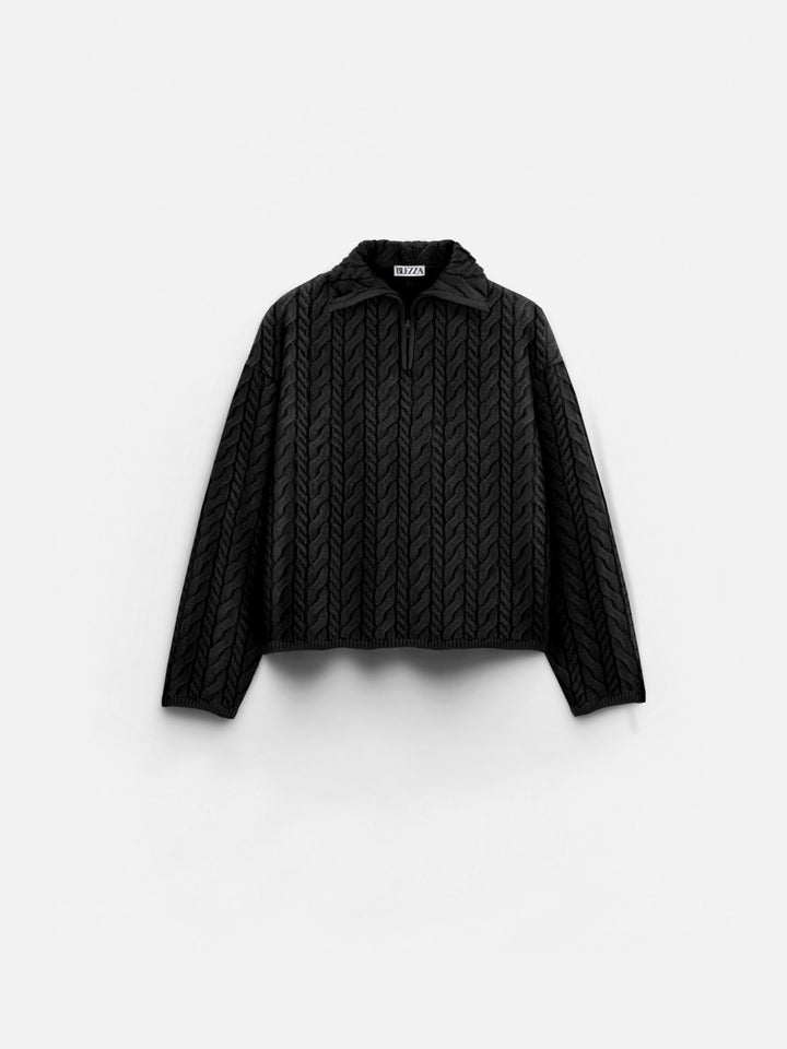 Oversize Braid Zipper Pullover - Black