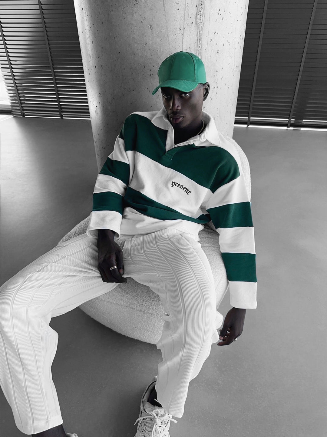 Oversize Collar Strip Sweater - Green
