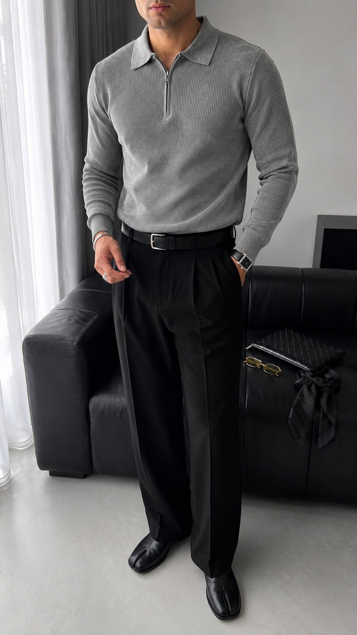 Loose Fit Polo Knit Sweater - Grey