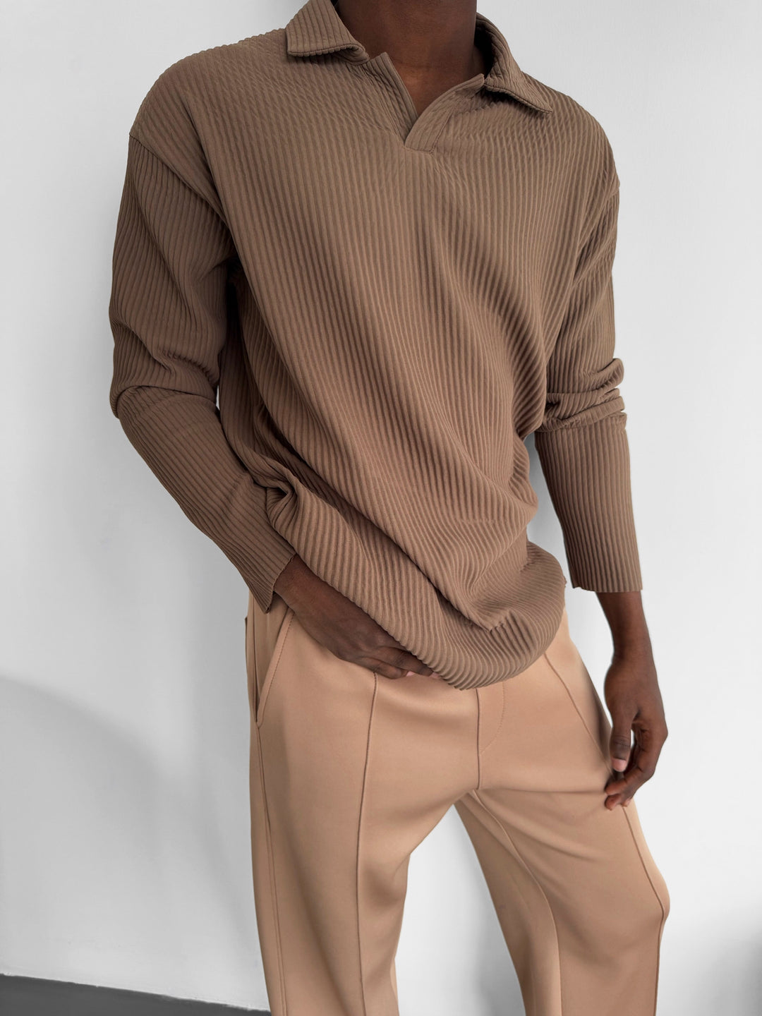 Oversize Ribbed Long Arm Polo T-shirt - Brown