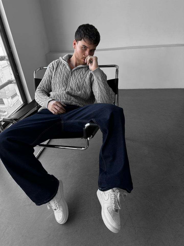 Oversize Collar Braid Zipper Pullover - Grey