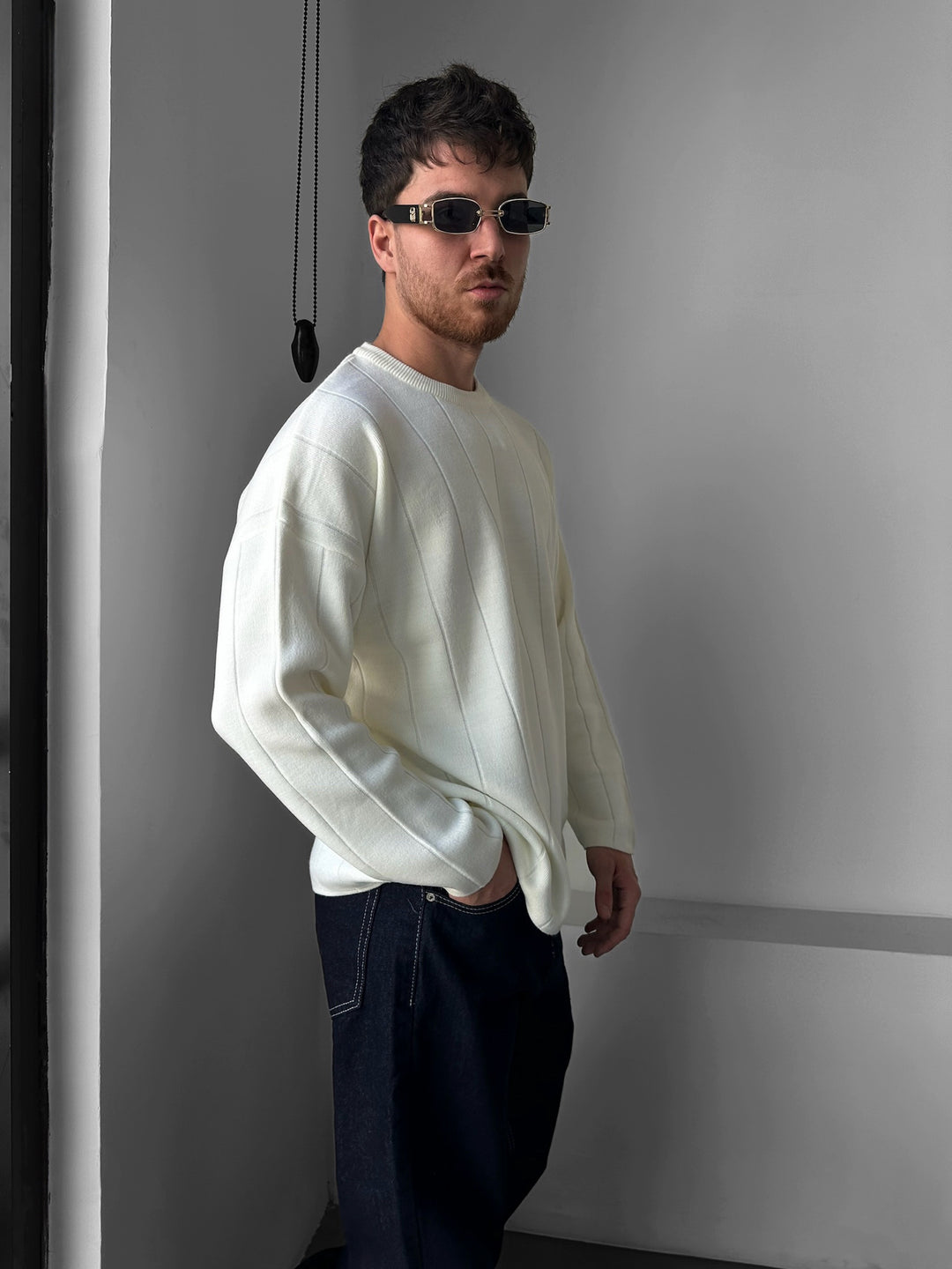 Oversize Lines Knit Sweatshirt - Ecru