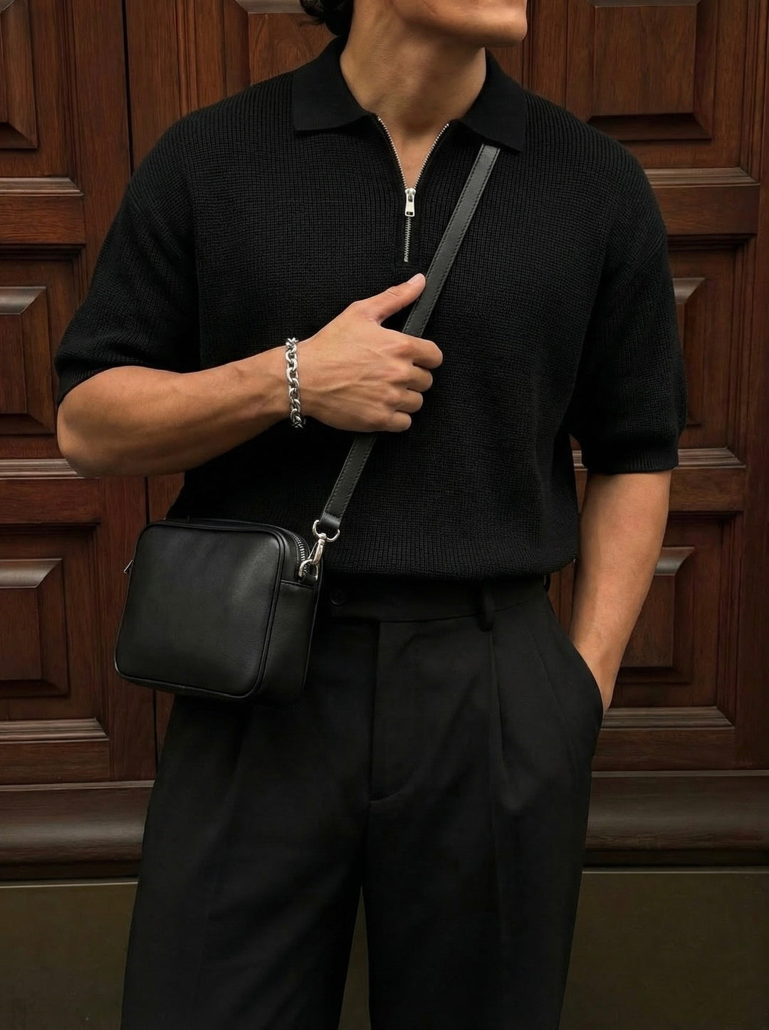Oversize Zipper Knit Polo T-shirt - Black
