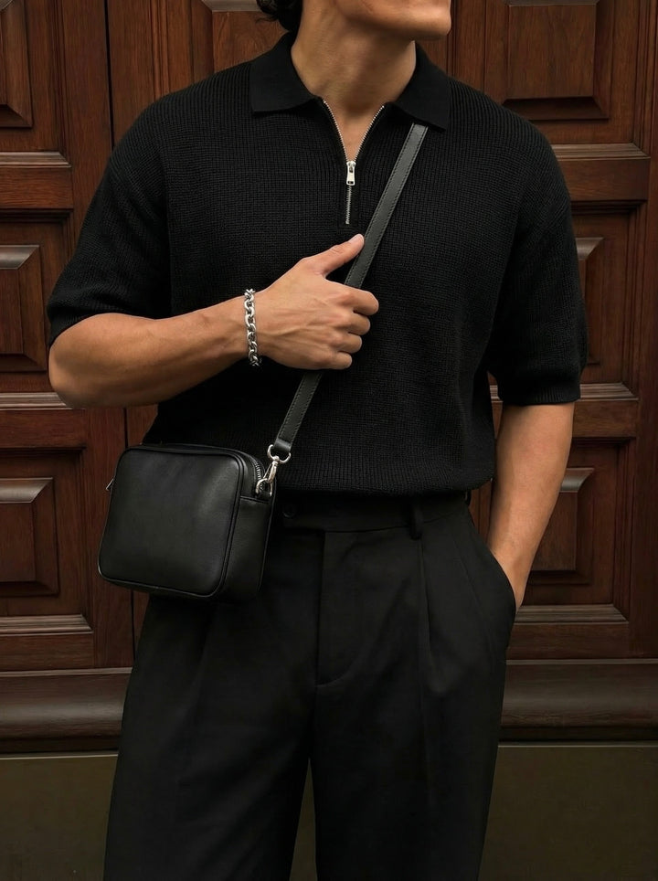 Oversize Zipper Knit Polo T-shirt - Black