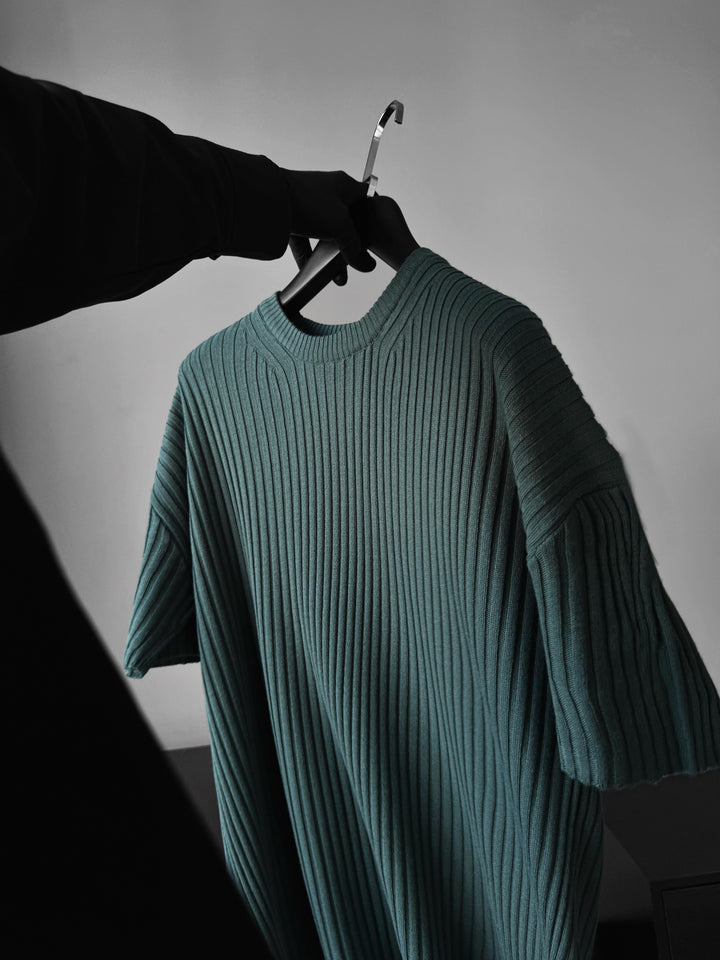 Loose Fit Ribbed Knit T-Shirt - Petrol