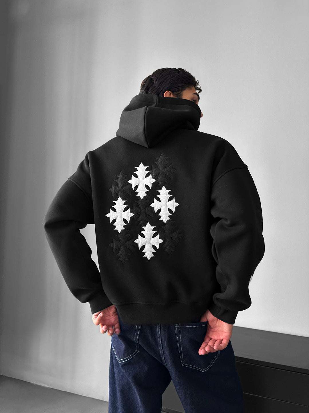 Oversize Gothic Cross Hoodie - Black