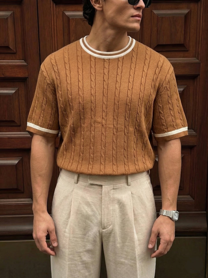 Regular Fit Braid Knit T-shirt - Camel