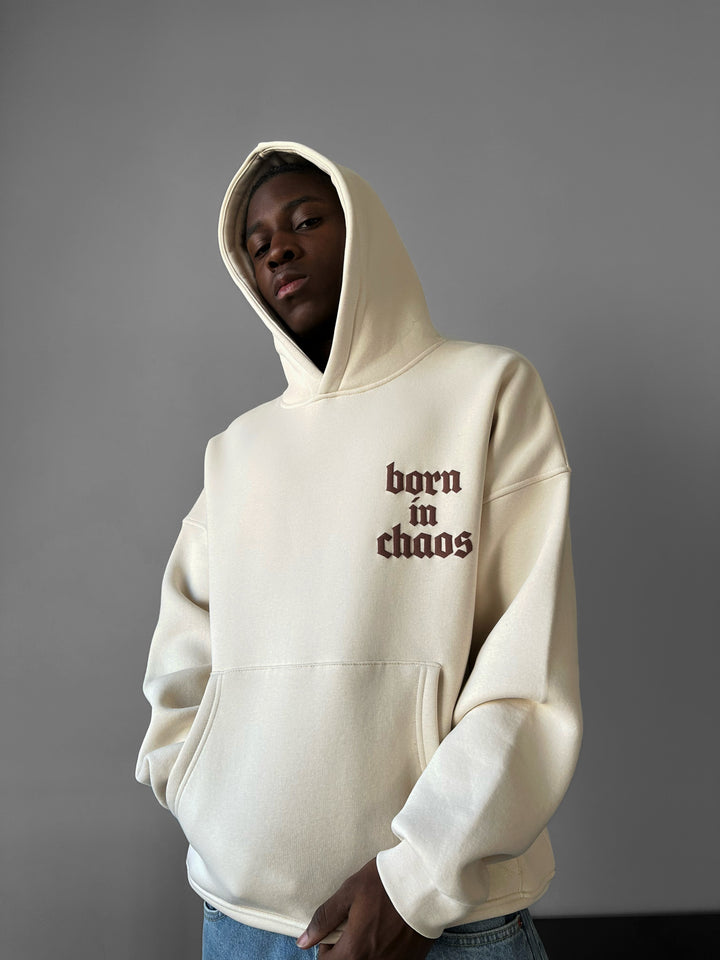 Oversize “Born in Chaos” Hoodie - Beige