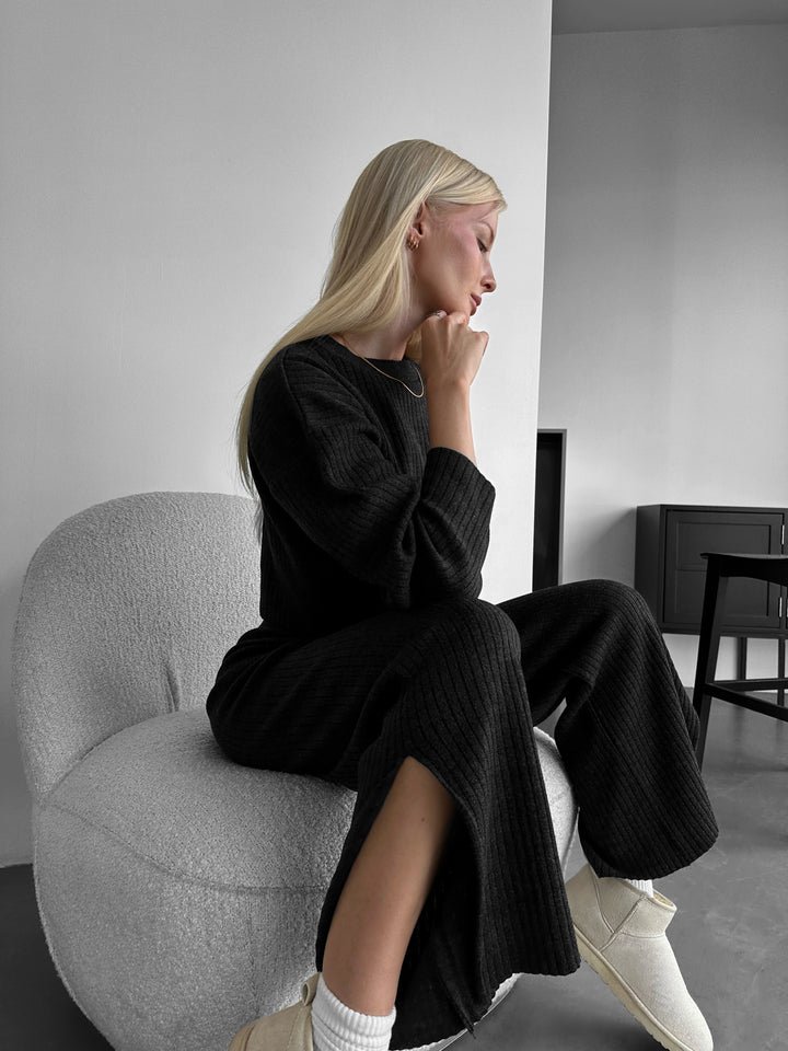 Wide Leg Knit Trousers - Anthracite
