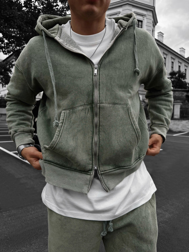 Oversize Washed Zipper Hoodie - Khaki