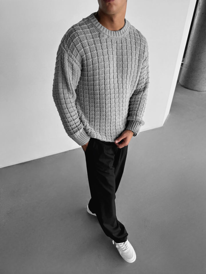Oversize Grid Knit Sweater - Grey