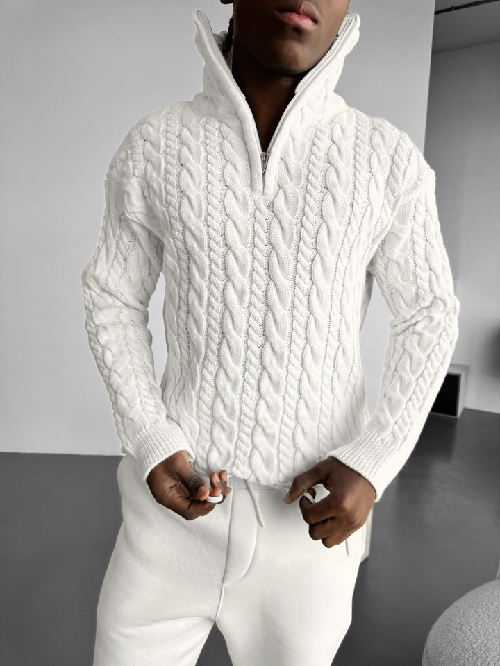Oversize Collar Braid Zipper Pullover - White