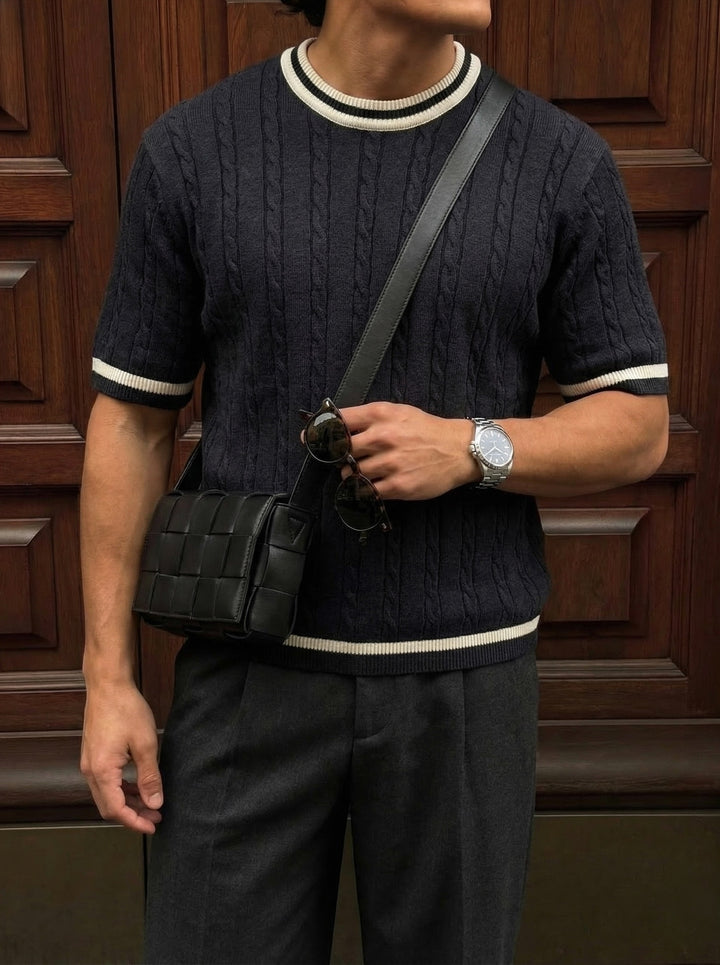Regular Fit Braid Knit T-shirt - Anthracite