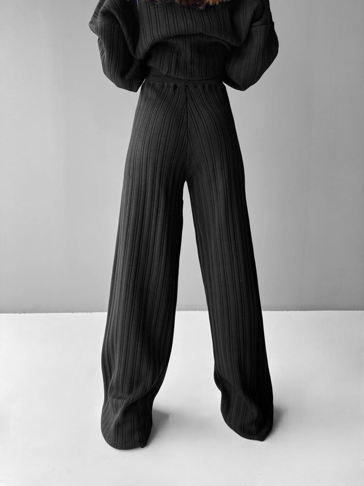Wide Leg Knit Trousers - Black