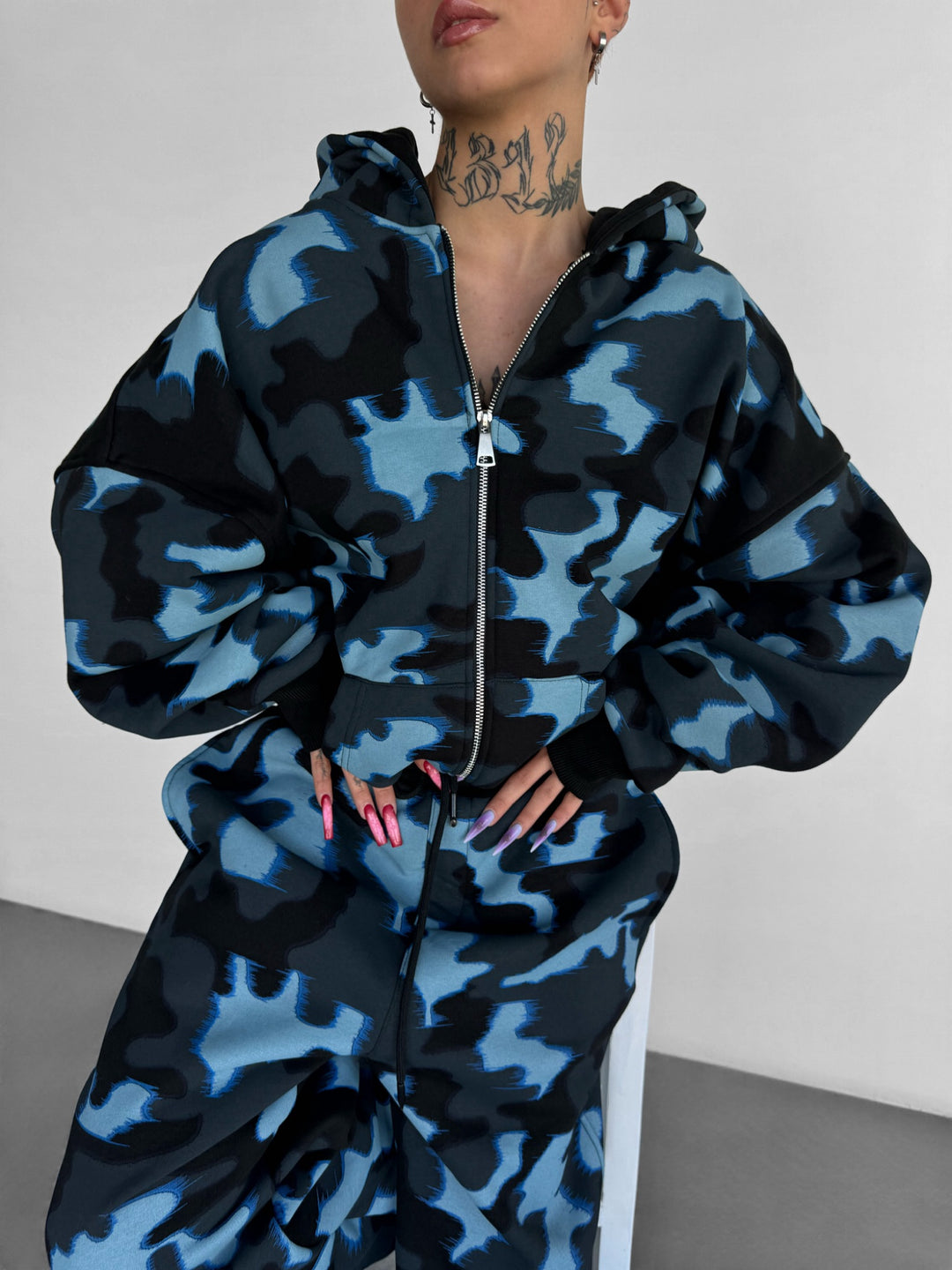 Women Oversize Camouflage Zipper Hoodie - Blue