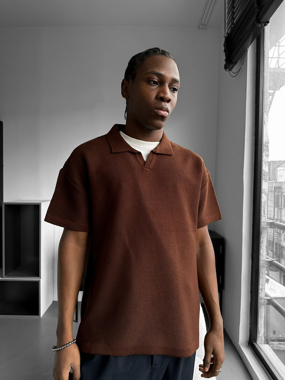 Oversize Collar Ribbed Knit T-Shirt - Dark Brown