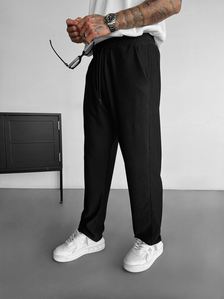 Loose Fit Ribbed Trousers - Black