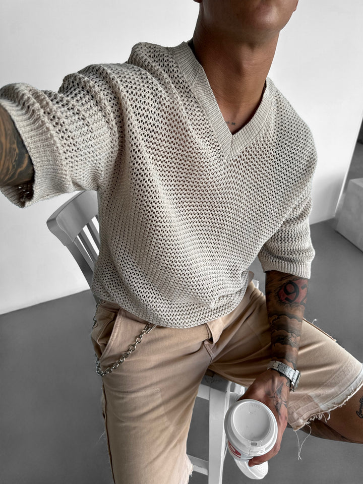 Oversize V Neck Knit T-shirt - Beige