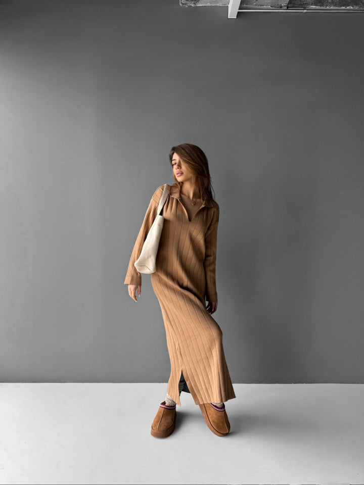 Long Polo Knit Dress - Camel