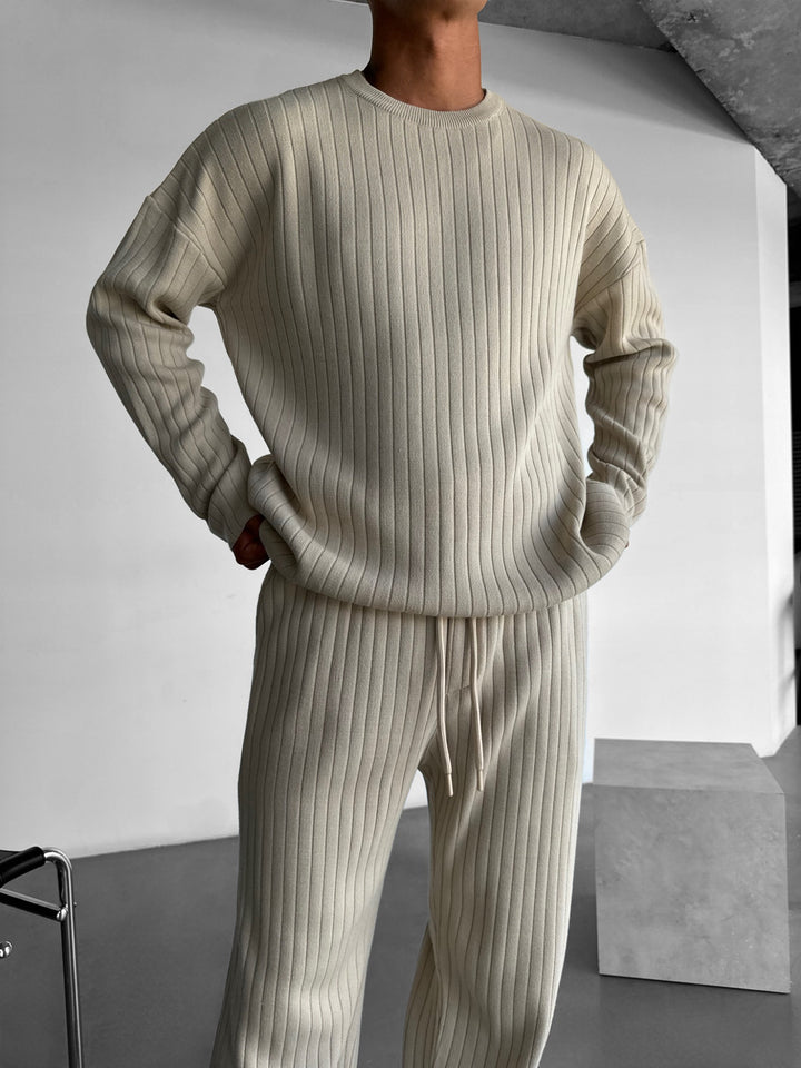 Oversize Wide Ribbed Long Arm Knit Sweatshirt - Stone