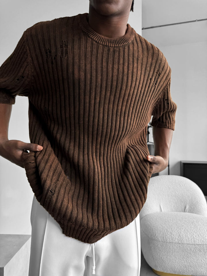 Slim Fit Washed Thin Lines Knit T-Shirt - Brown