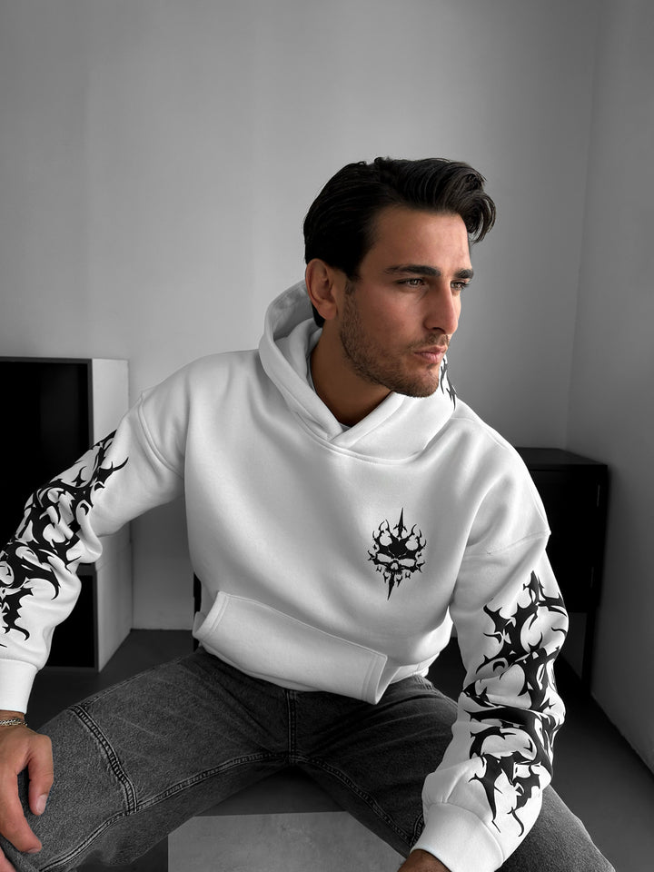 Oversize Skull Flame Hoodie - White