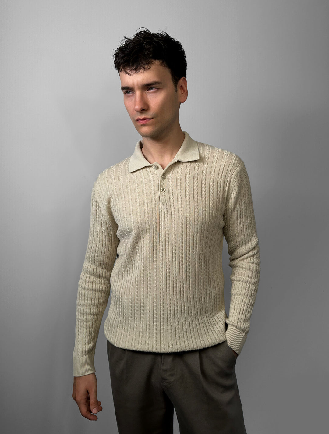 Slim Fit Textured Polo Knit Sweater - Beige