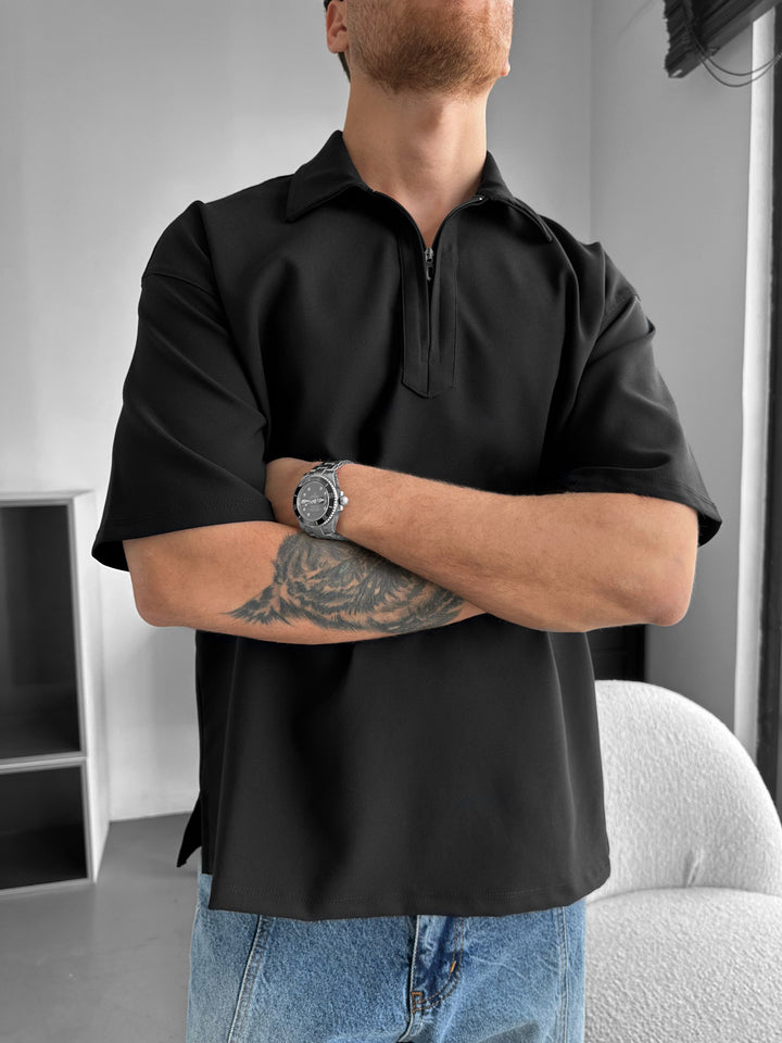 Loose Fit Half-Zip Polo T-shirt - Black