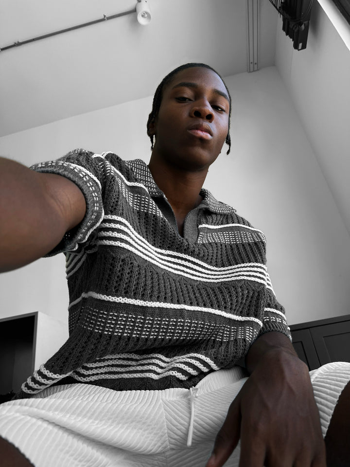 Loose Fit Patterned collar knit T-Shirt - Anthracite