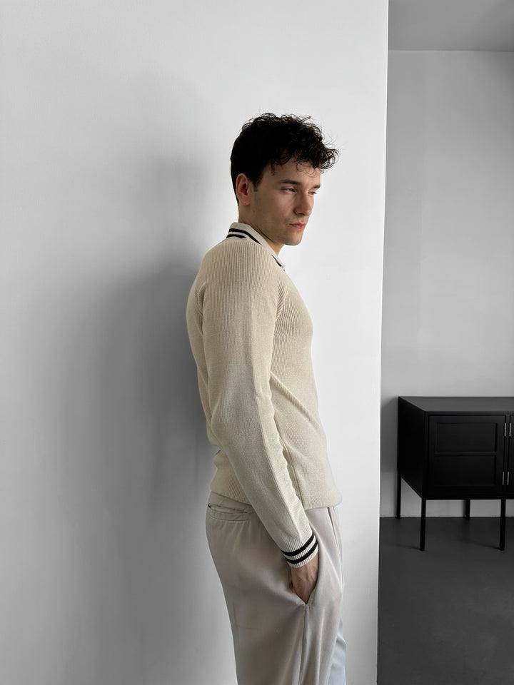Slim Fit Half-Zip Embroidered Polo Sweater - Beige