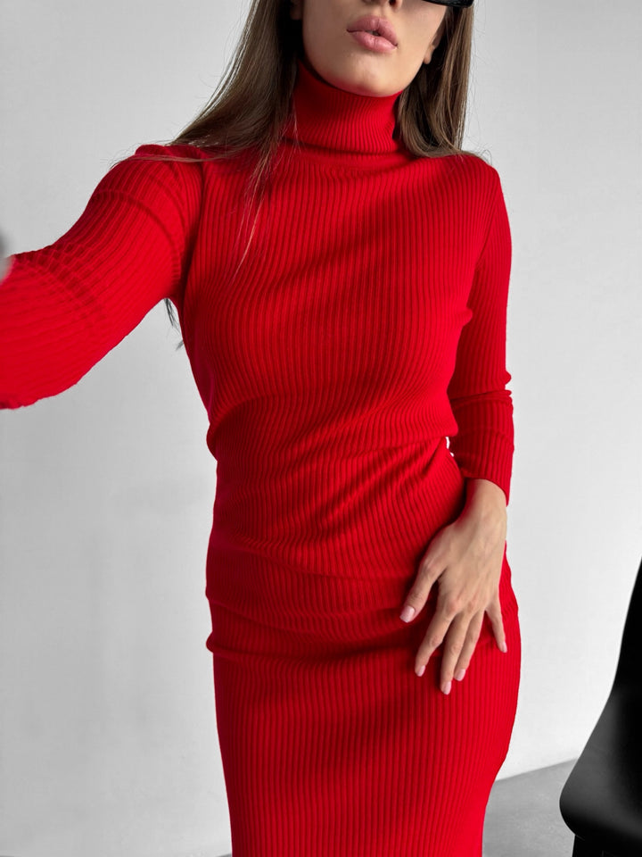 High Neck Knit Dress - Red