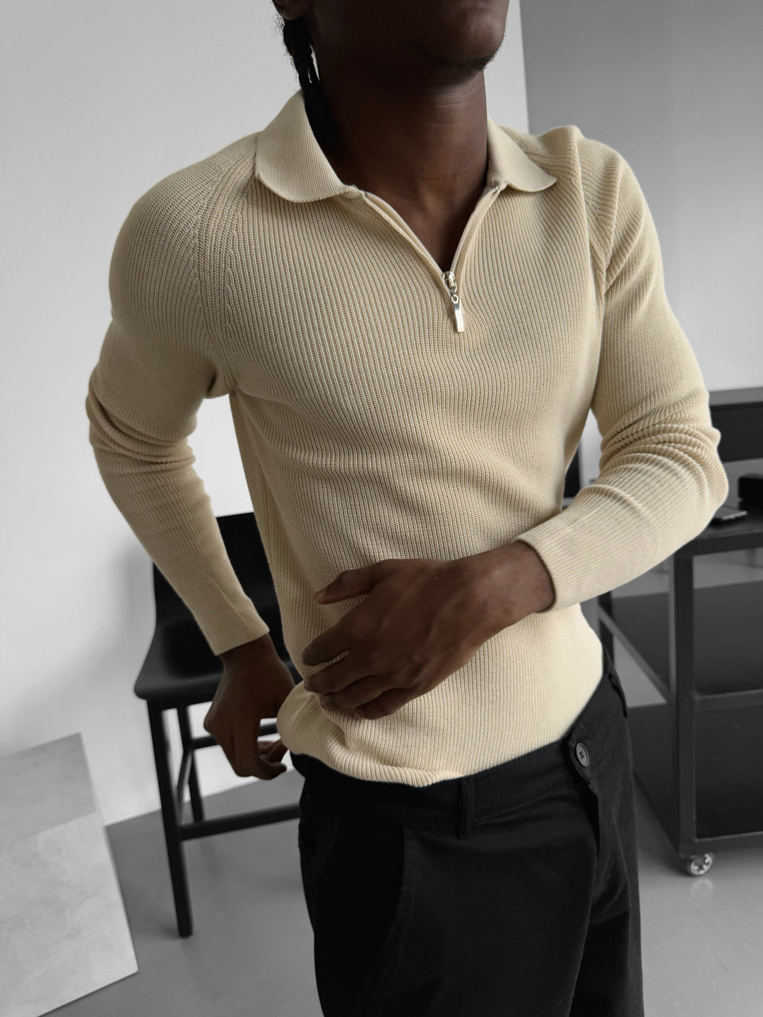 Slim Fit Knit Zipper Polo Sweater - Beige