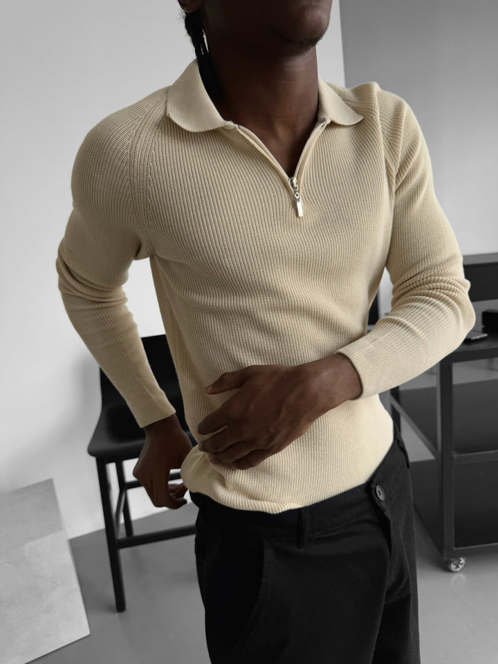 Slim Fit Knit Zipper Polo Sweater - Beige