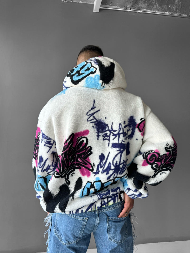 Oversize Graffity Plush Zipper Hoodie - White
