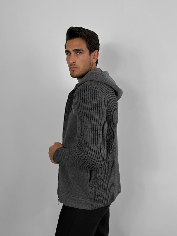 Regular Fit Knit Detail Zip Hoodie - Anthracite
