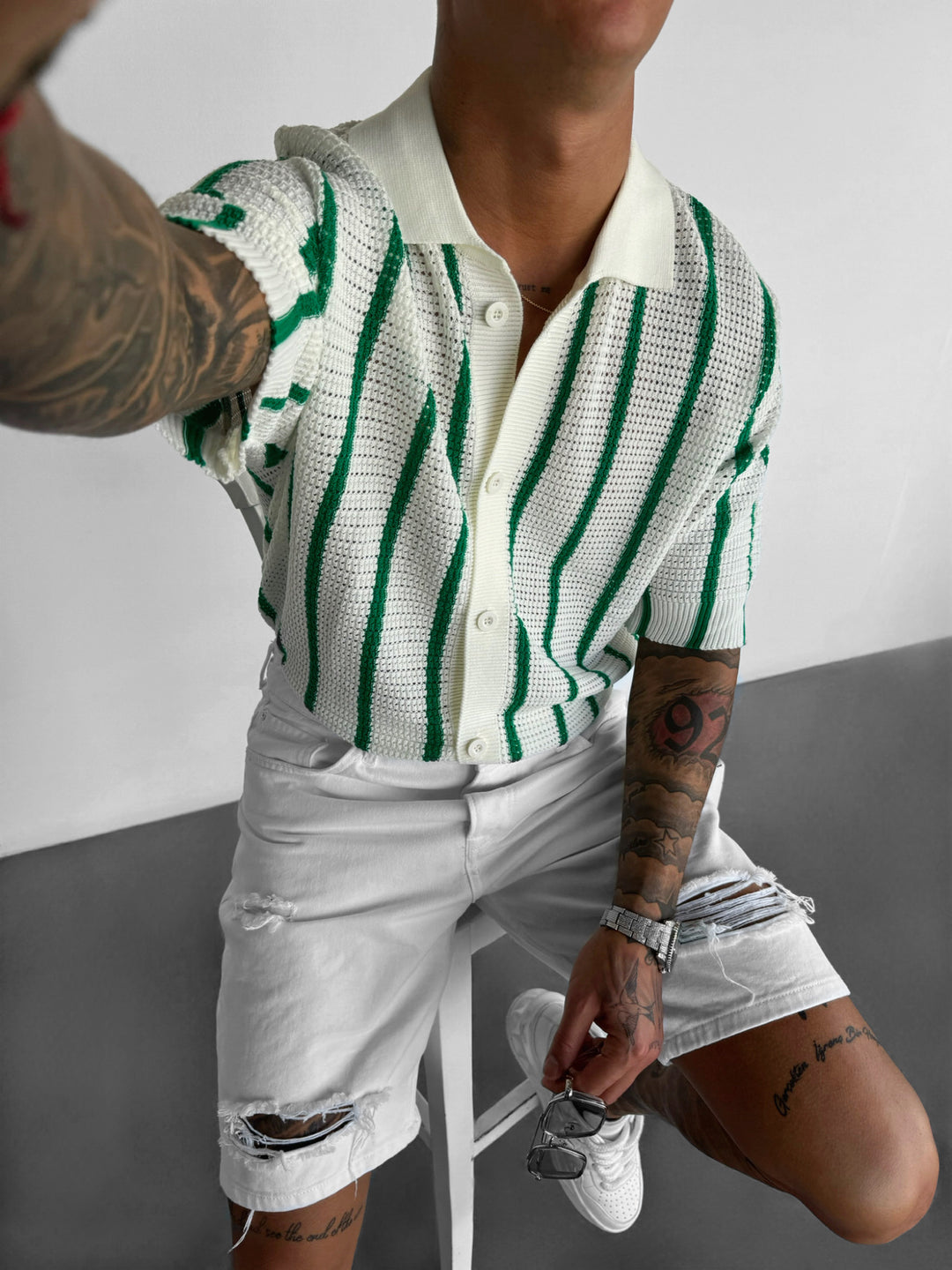 Oversize Knit Lines Shirt - Ecru and Green