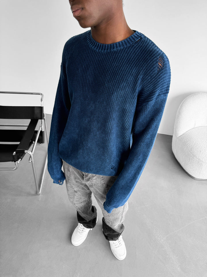 Loose Fit Knit Torn Sweater - Indigo