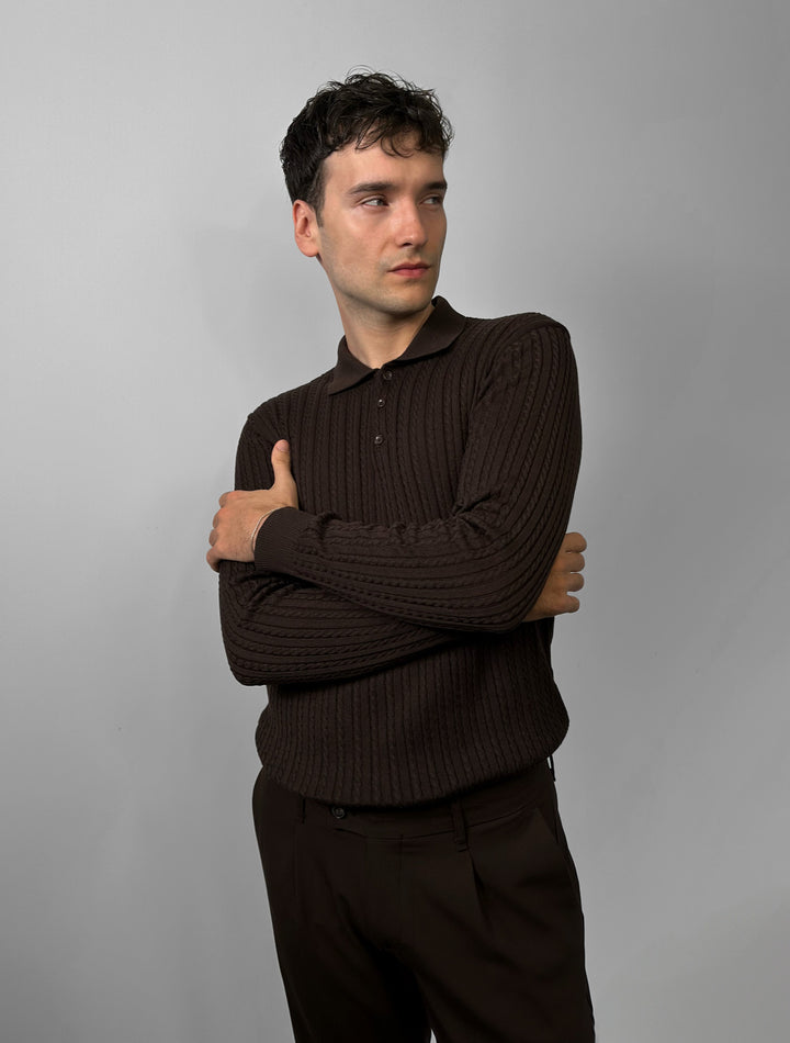 Slim Fit Textured Polo Knit Sweater - Dark Brown