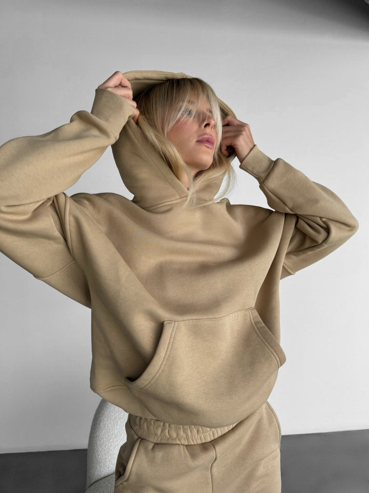 Oversize Basic Women Hoodie - Beige