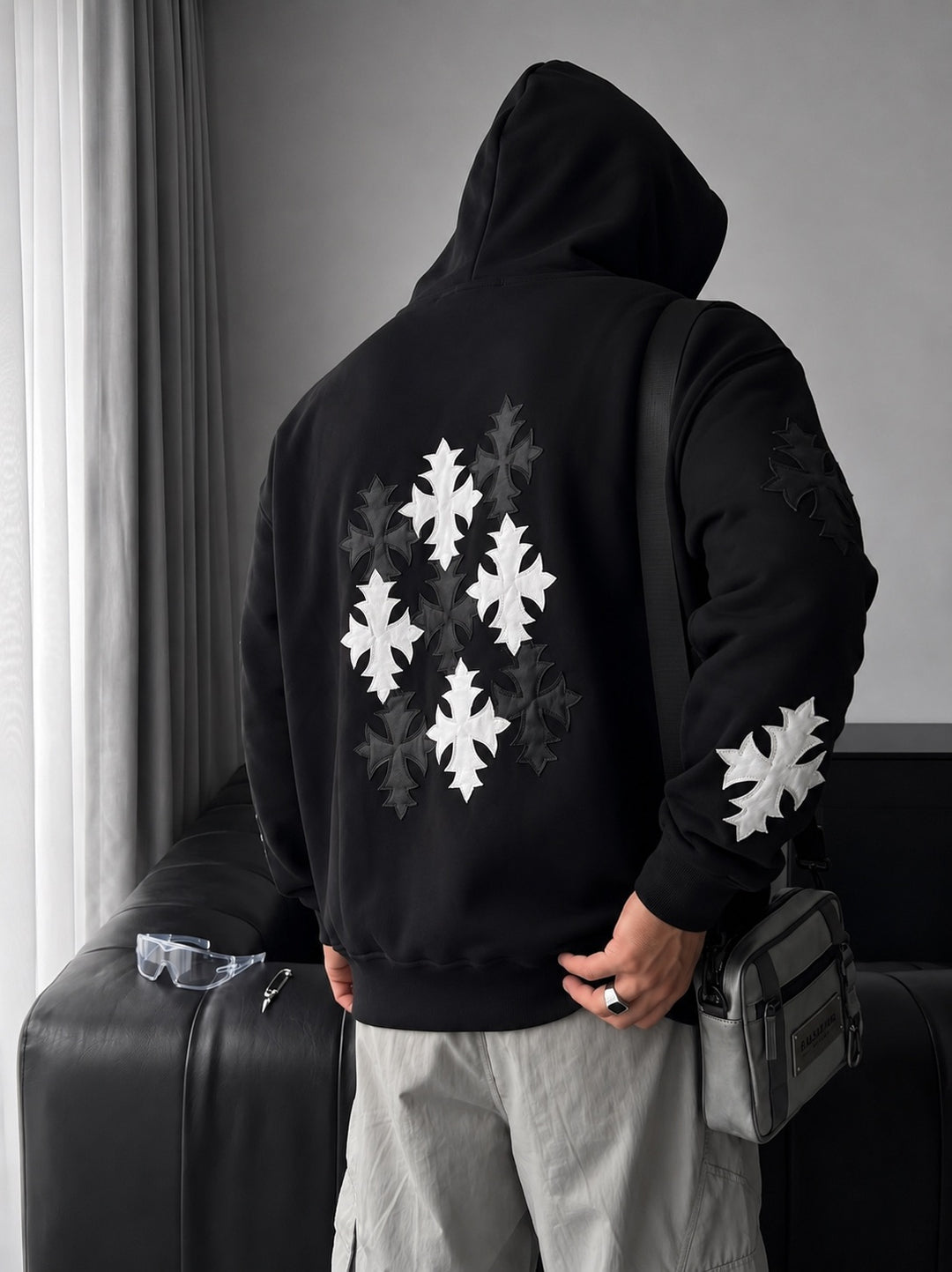 Oversize Gothic Cross Hoodie - Black
