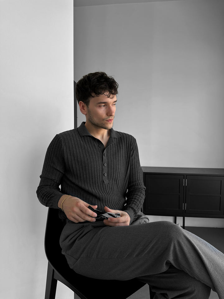 Slim Fit Polo Knit Sweater - Anthracite