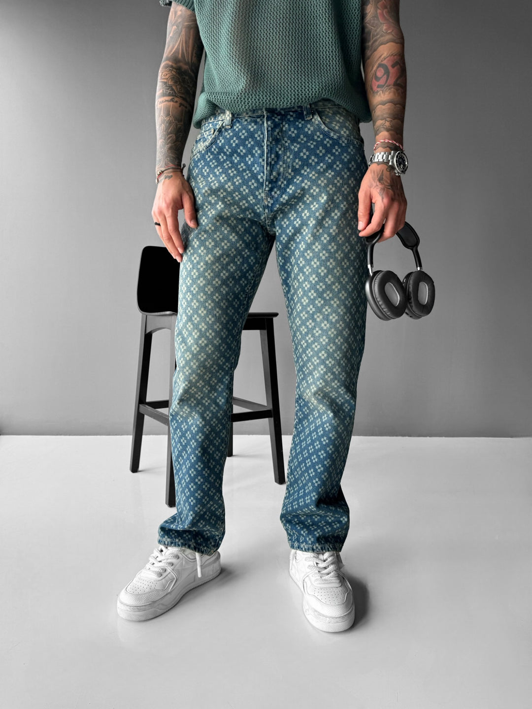 Baggy Embroidered Jeans - Petrol