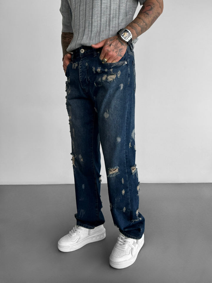 Baggy Brush Torn Jeans - Blue