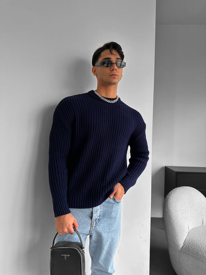 Loose Fit Striped Structure Pullover - Navy Blue